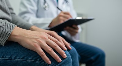 Пациент сидит на стуле положа руки на колени